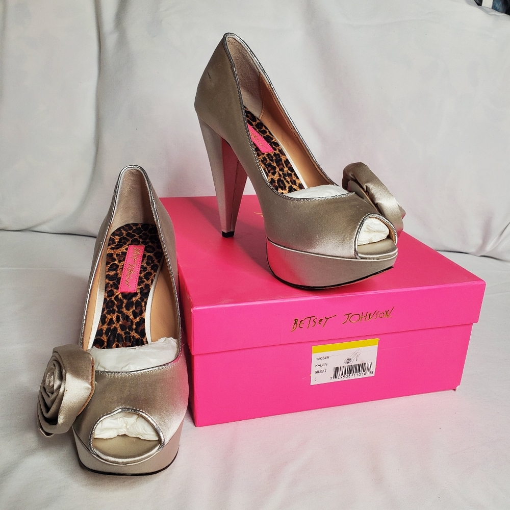 Betsey Johnson silver satin peep-toe heels